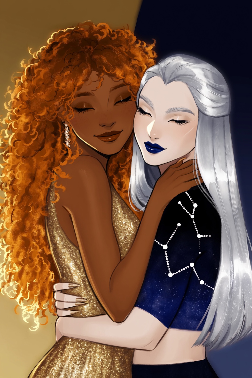 highres,  absurdres,  @gittanart This digital illustration portrays two women embracing against a split-toned background o...
