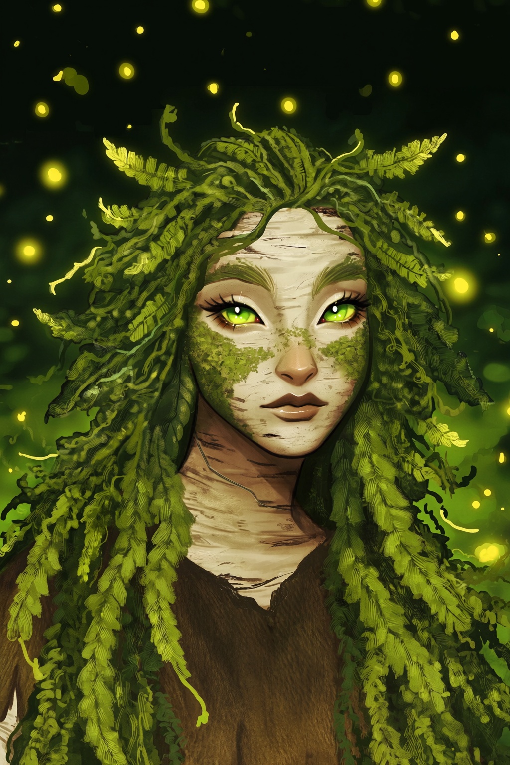 highres,  absurdres,  @gittanart This stylized digital illustration features an ethereal forest spirit. The character has...