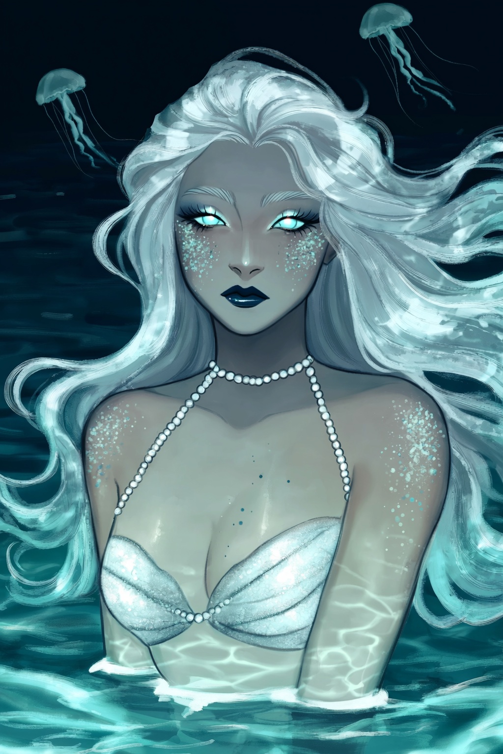 highres,  absurdres,  @gittanart This digital illustration features a mermaid-inspired woman submerged in a dark on Tensor...