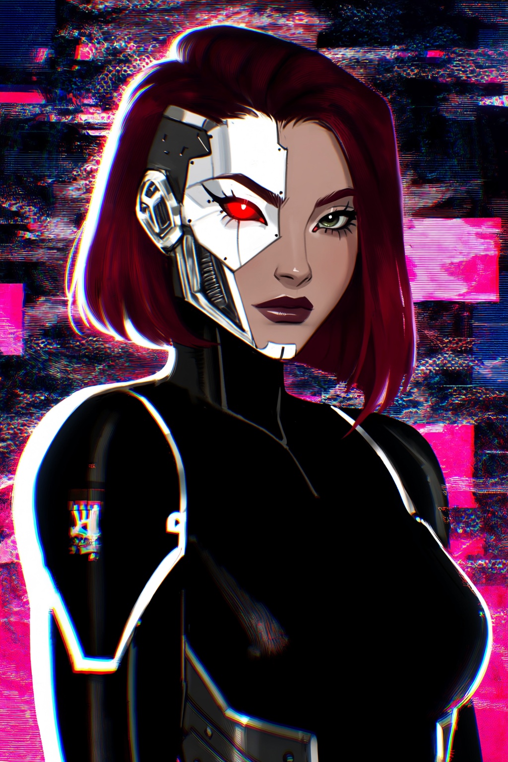 highres,  absurdres,  @gittanart A stylized digital portrait depicts a cyborg woman with half of her face replaced by slee...