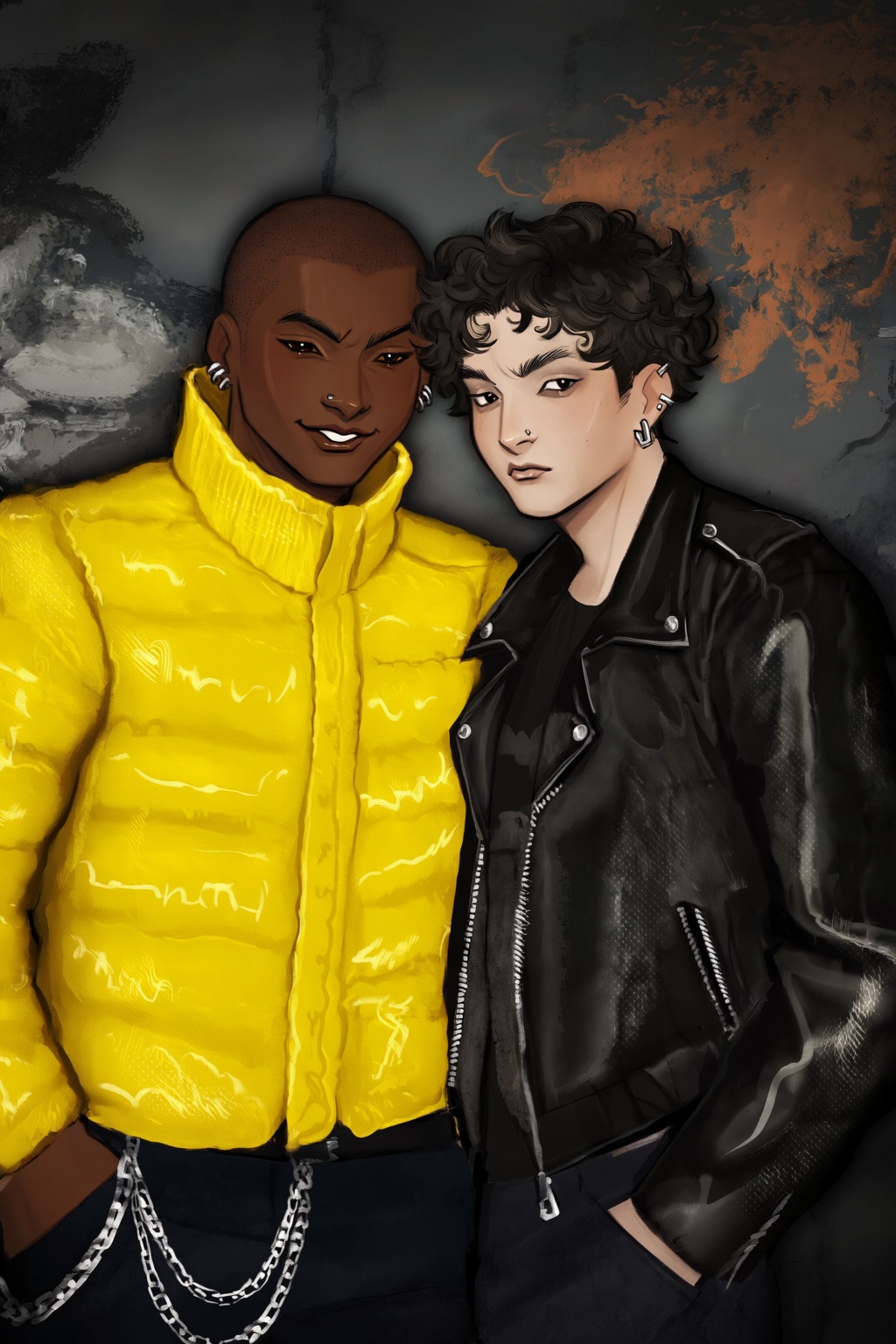 highres,  absurdres,  @gittanart A stylized digital painting depicts two young men standing shoulder-to-shoulder in a diml...