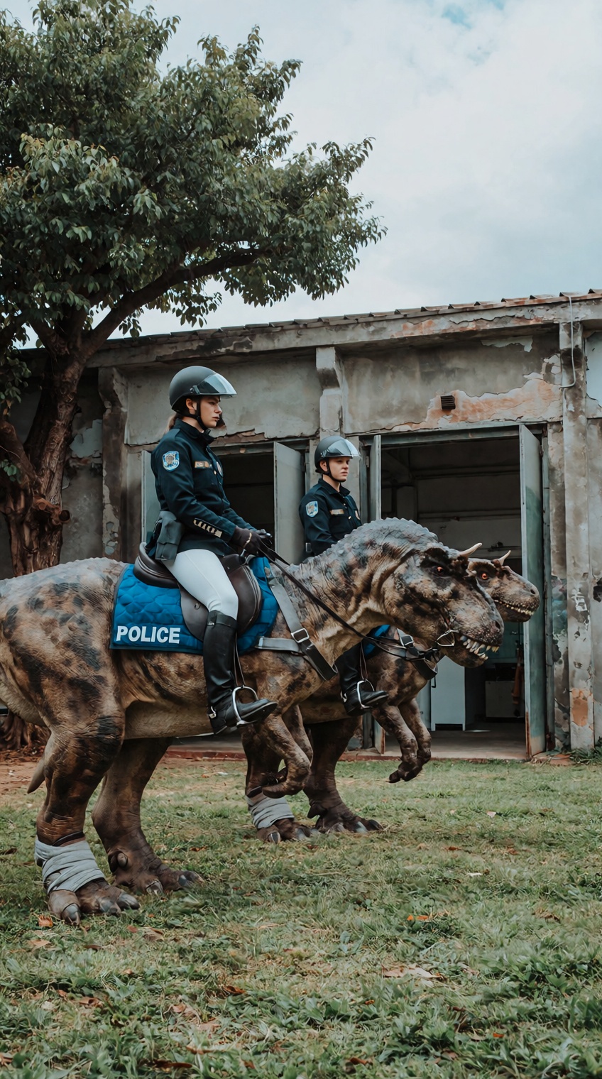 Two mounted police officers in dark uniforms and helmets ride large,  tamed brown dinosaurs across a grassy area beside a...