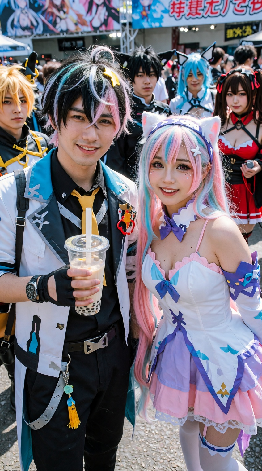 At a lively outdoor anime festival,  a smiling couple dressed in high-detail,  colorful anime cosplay costumes stands clos...