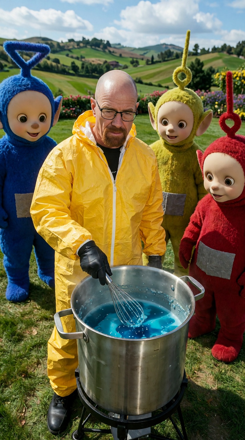 A surreal and hilarious raw photo of Walter White from Breaking Bad wearing a bright yellow hazmat suit,  standing in Tele...