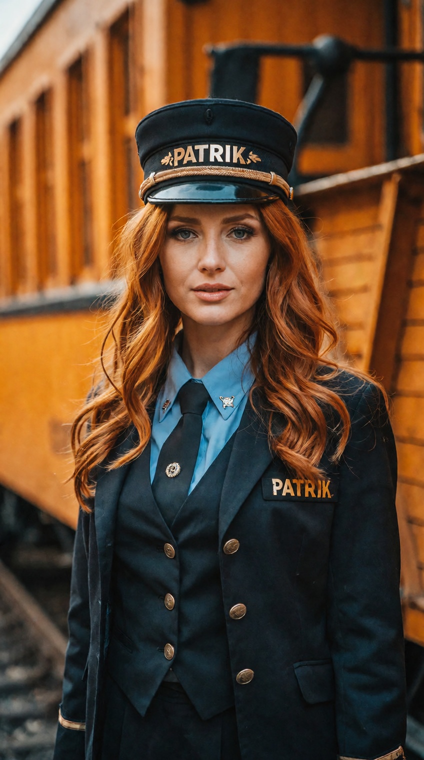 A stunning,  attractive red-haired MILF train conductor stands in front of a vintage orange train car,  her tailored unifo...
