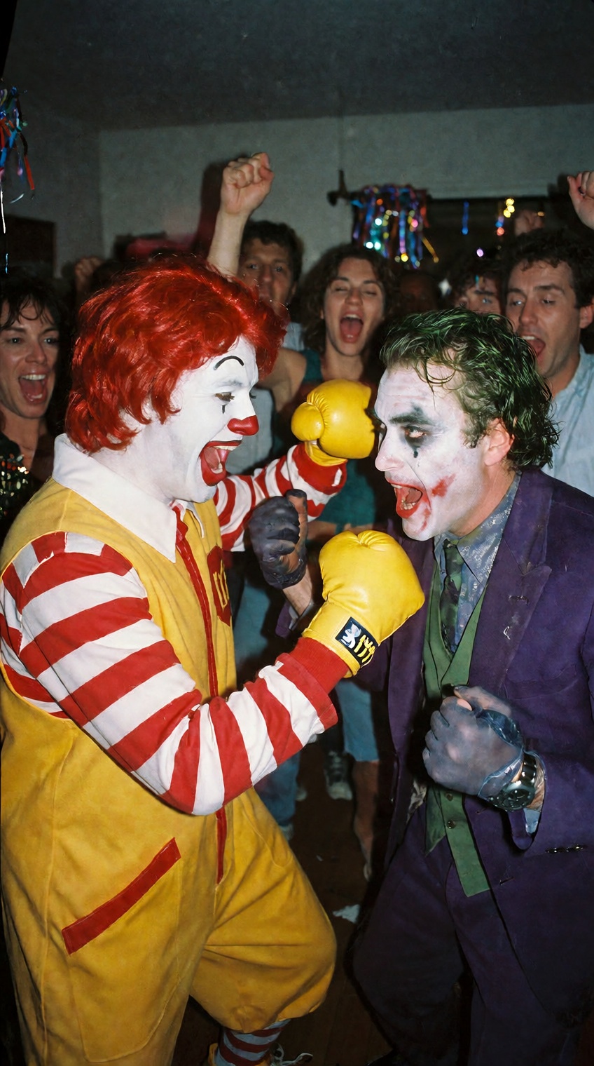 A chaotic candid flash photo at a house party of Ronald McDonald and the Joker having a hilarious boxing match. Ronald McD...