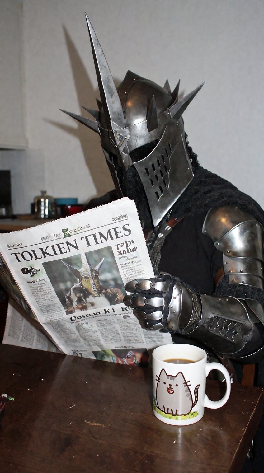 A hilarious raw photo of the Witch-king of Angmar from Lord of the Rings sitting at a simple kitchen table,  casually read...