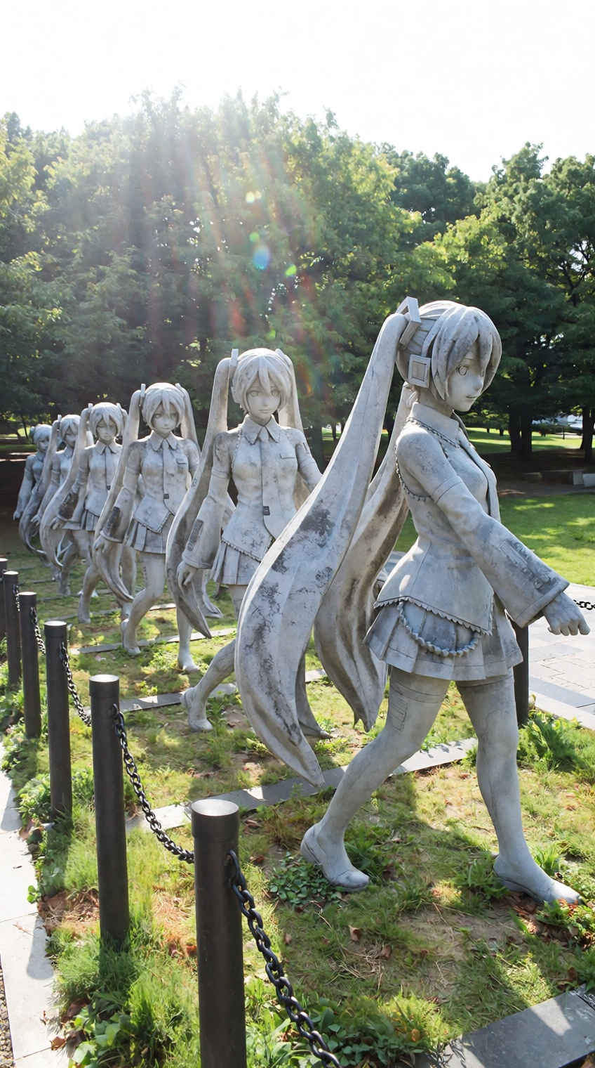 A row of weathered,  gray stone statues depicts Hatsune Miku in various marching poses,  with her iconic long twintails fl...