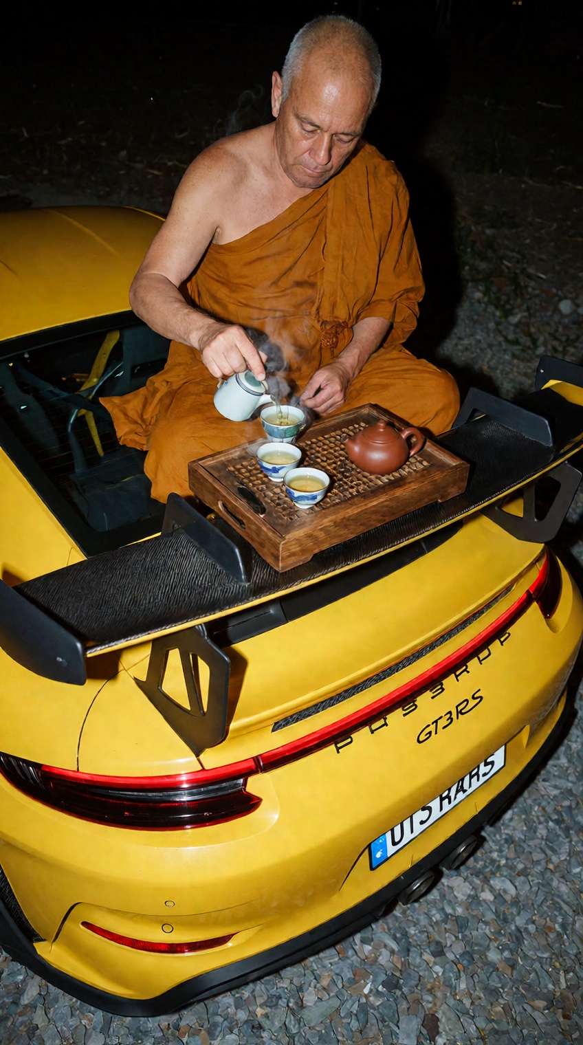 A surreal raw photo of an elderly Buddhist monk in saffron orange robes sitting cross-legged on the rear section of a brig...