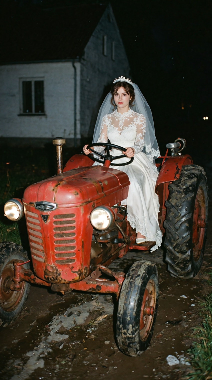 A surreal raw photo of a young bride in an elegant white lace vintage wedding dress and long sheer veil,  driving a small...