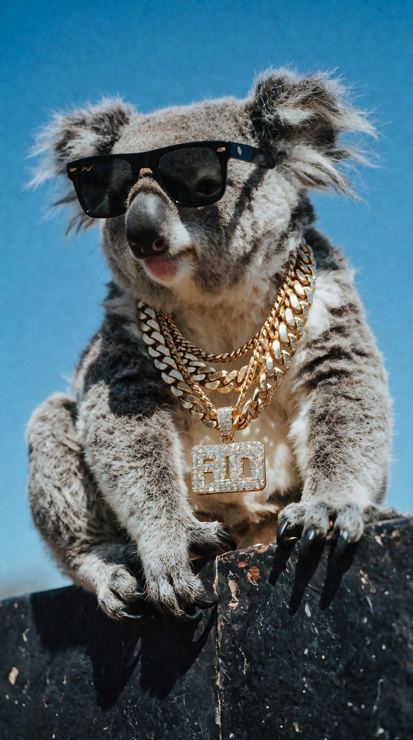 A cool,  fluffy koala perches on the edge of a dark,  textured vertical surface on Tensor.Art