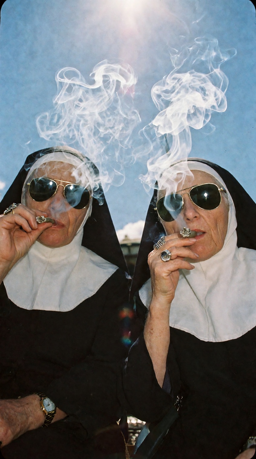 A low-angle rebellious raw photo of two elderly nuns wearing cool dark aviator sunglasses and traditional black habits wit...