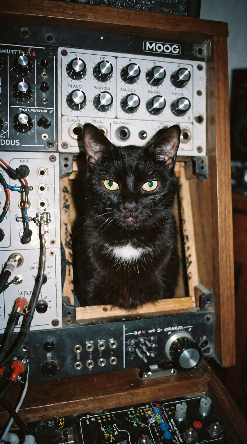 A hilarious and surreal raw photo of a sleek black cat with a small white patch on its chest,  popping its head out from a...