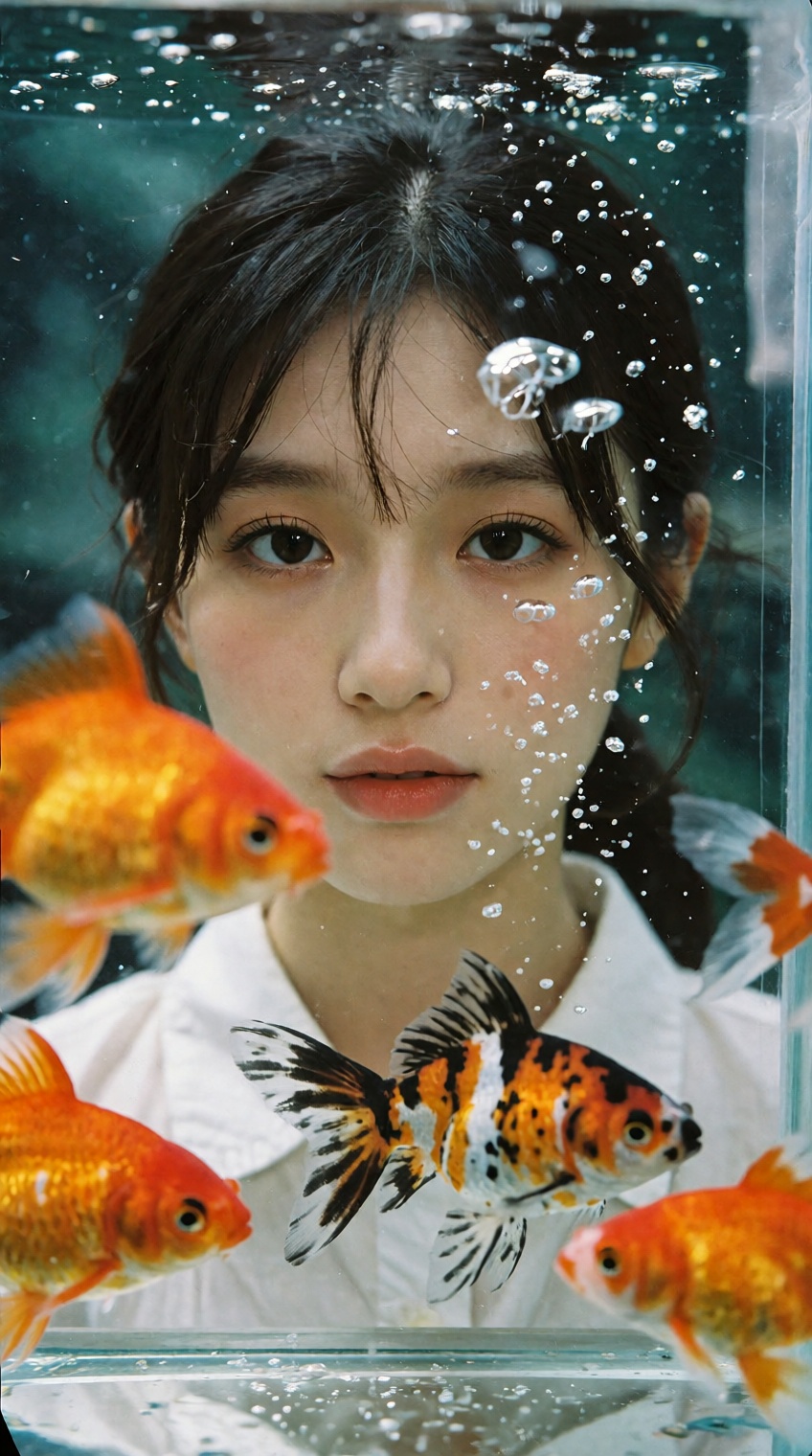 A cinematic artistic portrait of a cute,  beautiful young East Asian woman with dark hair and soft features,  looking thro...