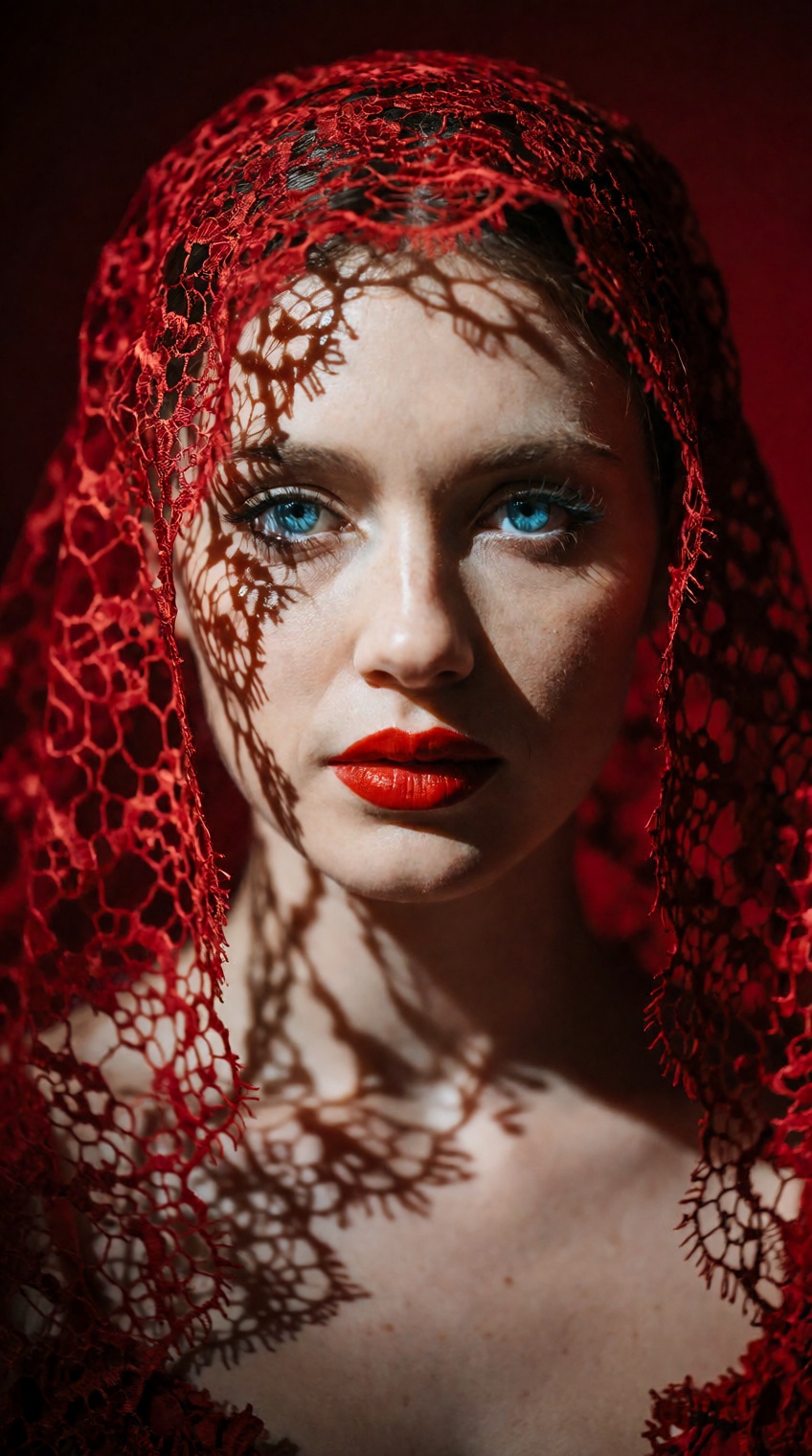 A close-up dramatic portrait of a beautiful woman with piercing bright blue eyes and bold red lipstick,  wearing an intric...