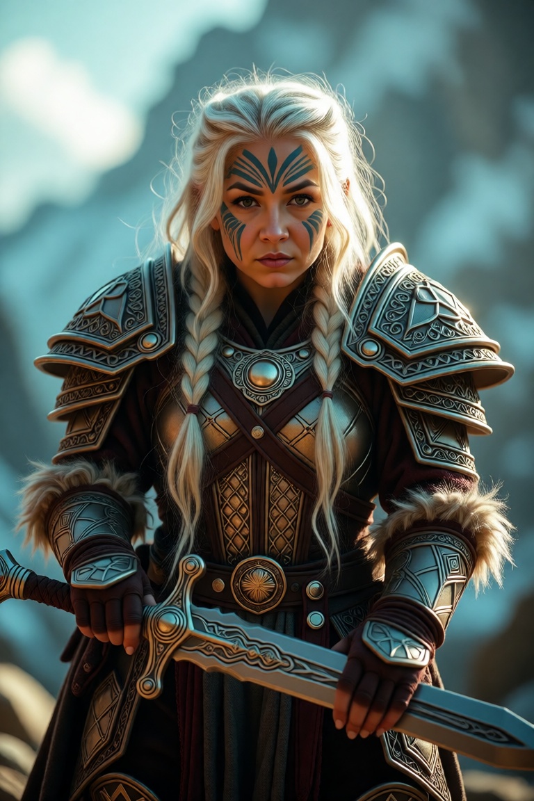 High-resolution,  fantasy-themed portrait of a dwarf woman dressed as a warrior. The layout is vertical,  focusing on the...