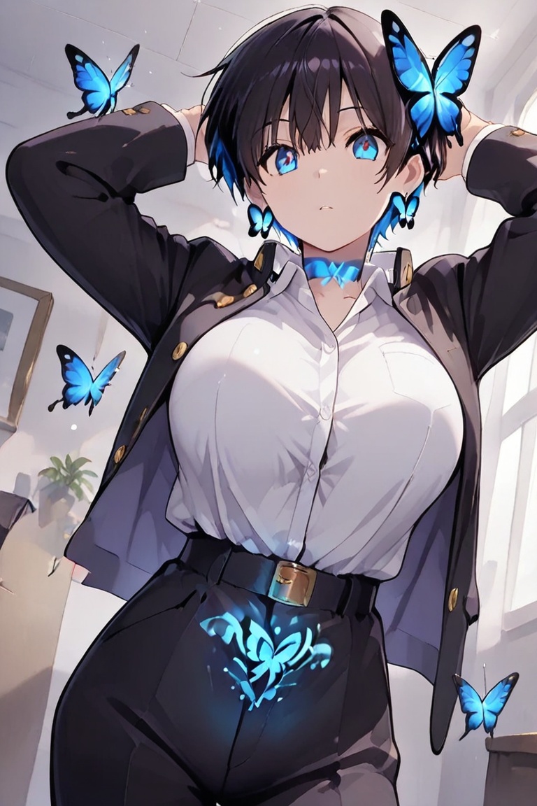 Kiyoka-chan,  blue glowing earrings,  tattoo on clothing boyish on Tensor.Art