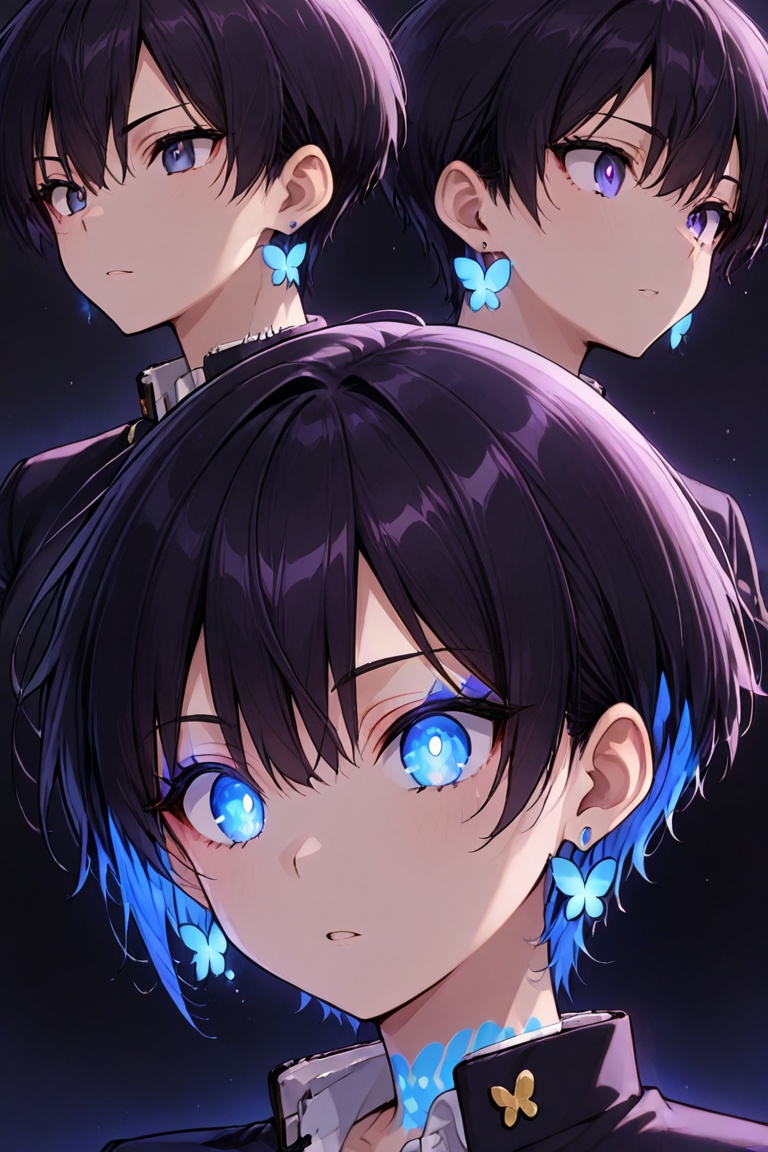 Kiyoka-chan,  blue glowing earrings,  tattoo on clothing boyish on Tensor.Art