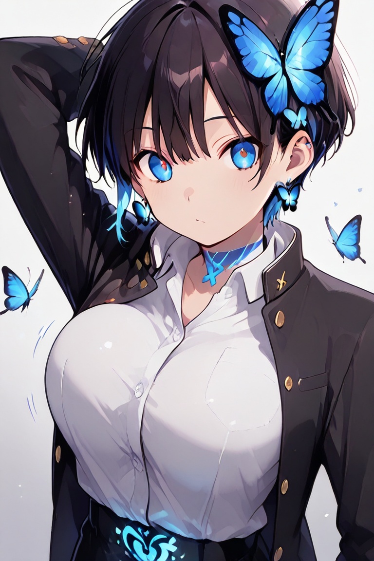 Kiyoka-chan,  blue glowing earrings,  tattoo on clothing boyish on Tensor.Art