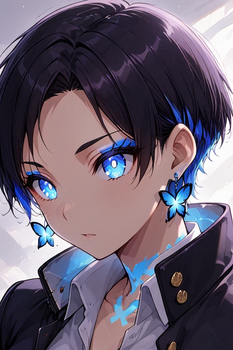 Kiyoka-chan,  blue glowing earrings,  tattoo on clothing boyish on Tensor.Art