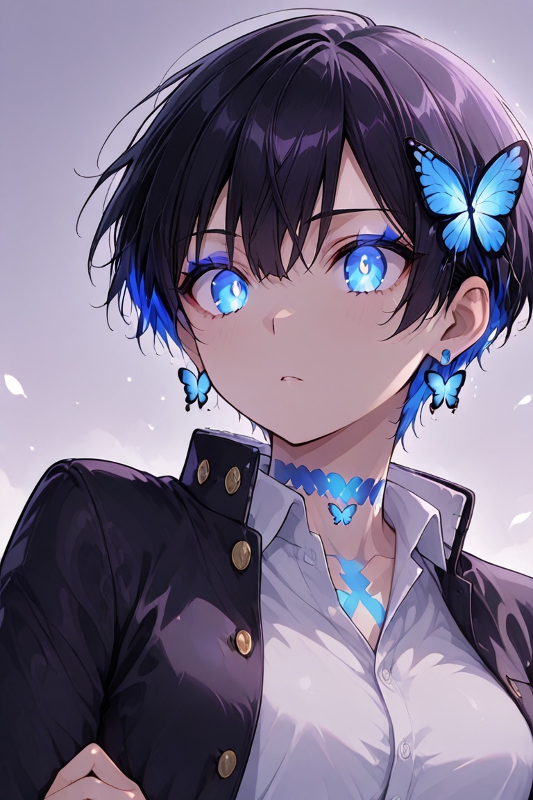 Kiyoka-chan,  blue glowing earrings,  tattoo on clothing boyish on Tensor.Art