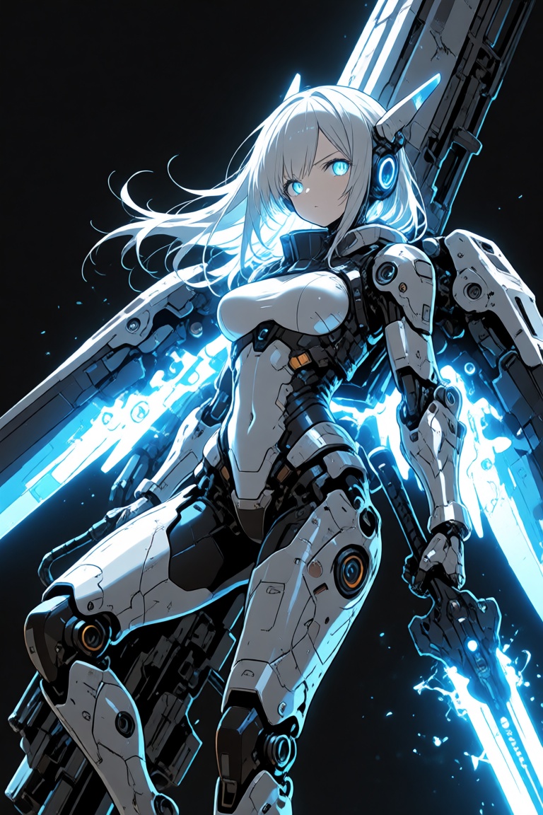 a fierce anime cyborg girl with glowing blue eyes,  leans against a massive railgun that towering behind her body. She has...