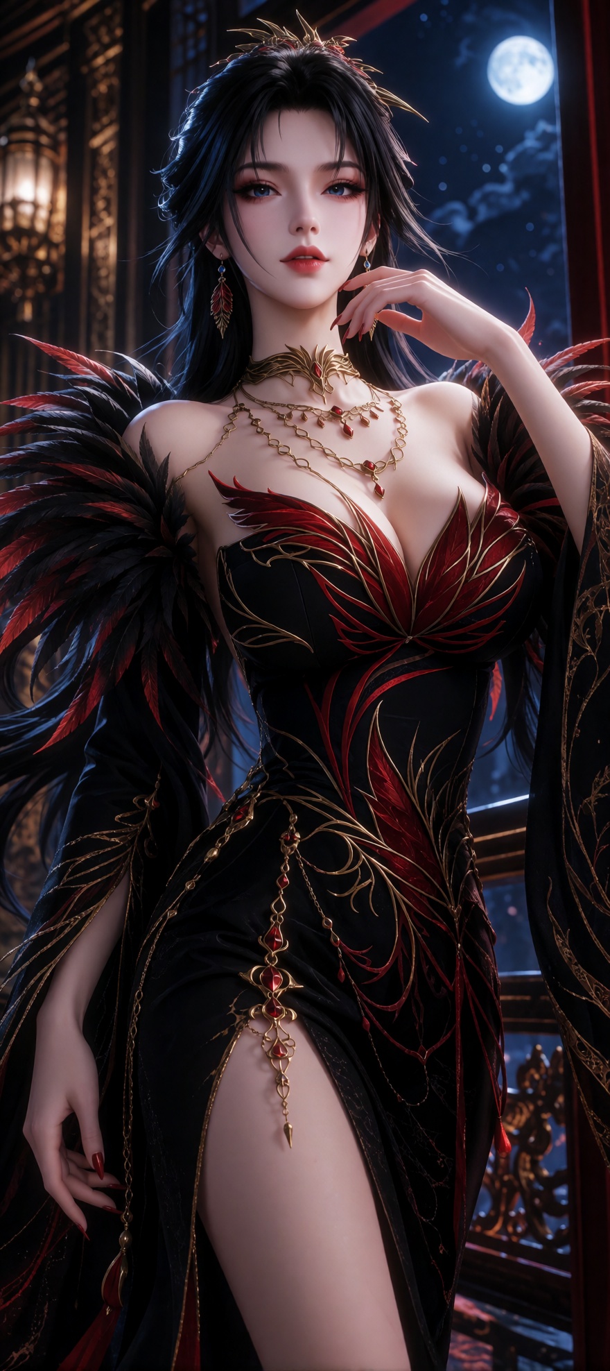 Anime-style digital artwork of a beautiful woman with long black hair wearing a revealing ornate black and red dress adorn...
