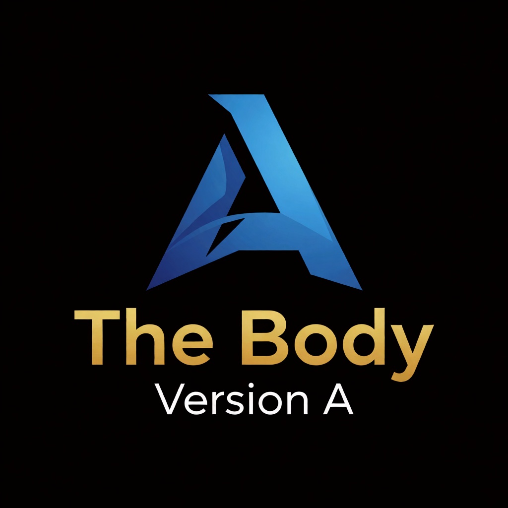 a blue logo of the letter "A",  above the golden text "The Body" underneath white text "Version A",  black background on T...