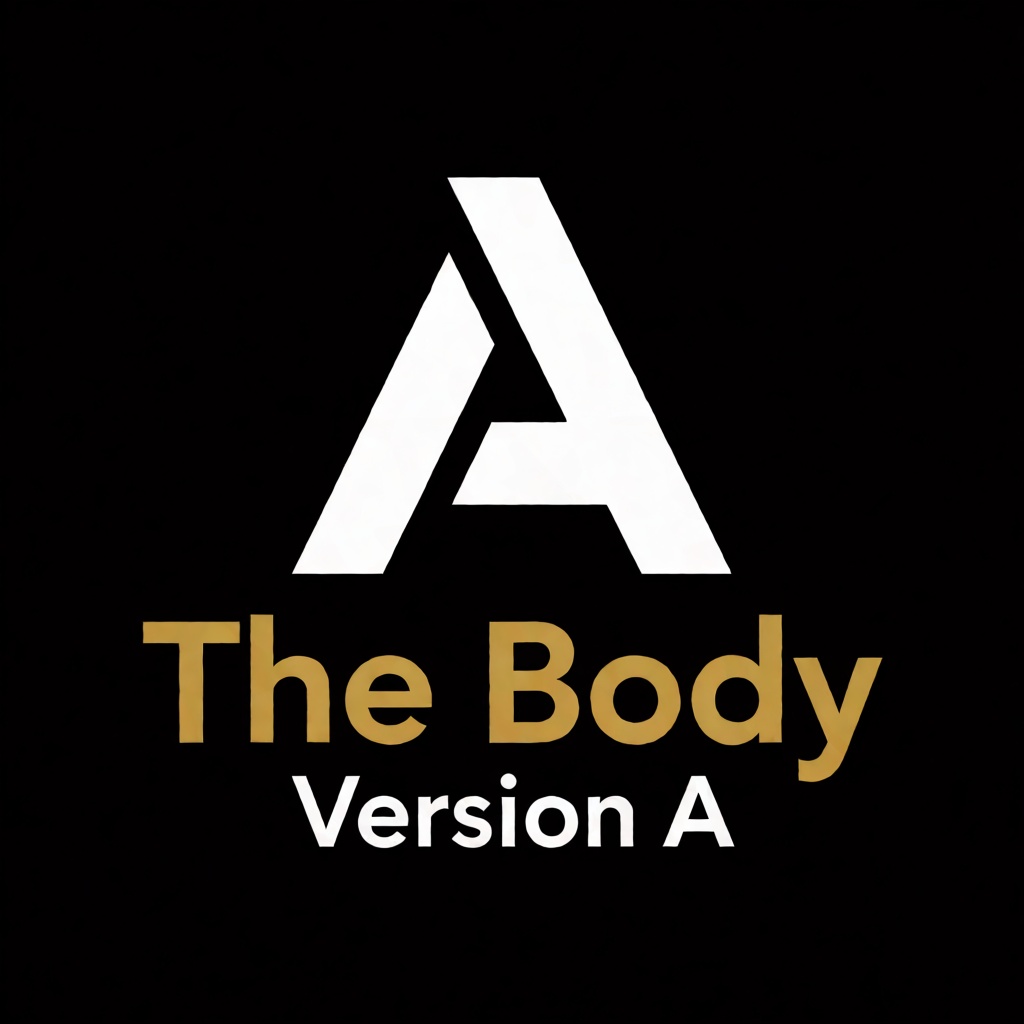 a white logo of the letter "A",  above the golden text "The Body" underneath white text "Version A",  black background on...
