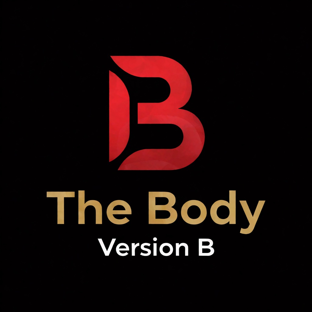 a red logo of the letter "B",  above the golden text "The Body" underneath white text "Version B",  black background on Te...