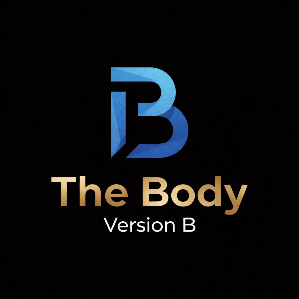a blue logo of the letter "B",  above the golden text "The Body" underneath white text "Version B",  black background on T...