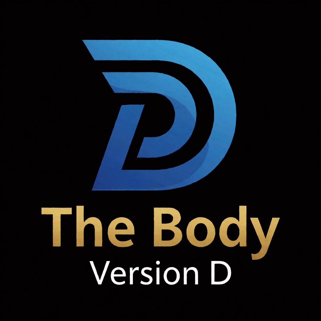 a blue logo of the letter "D",  above the golden text "The Body" underneath white text "Version D",  black background on T...