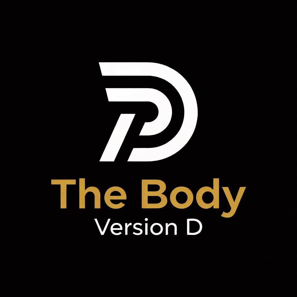 a white logo of the letter "D",  above the golden text "The Body" underneath white text "Version D",  black background on...
