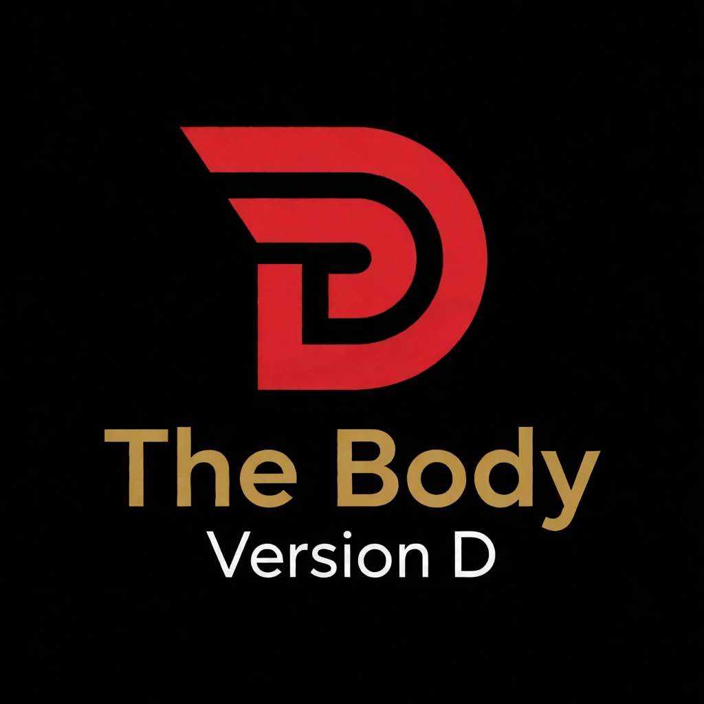 a red logo of the letter "D",  above the golden text "The Body" underneath white text "Version D",  black background on Te...