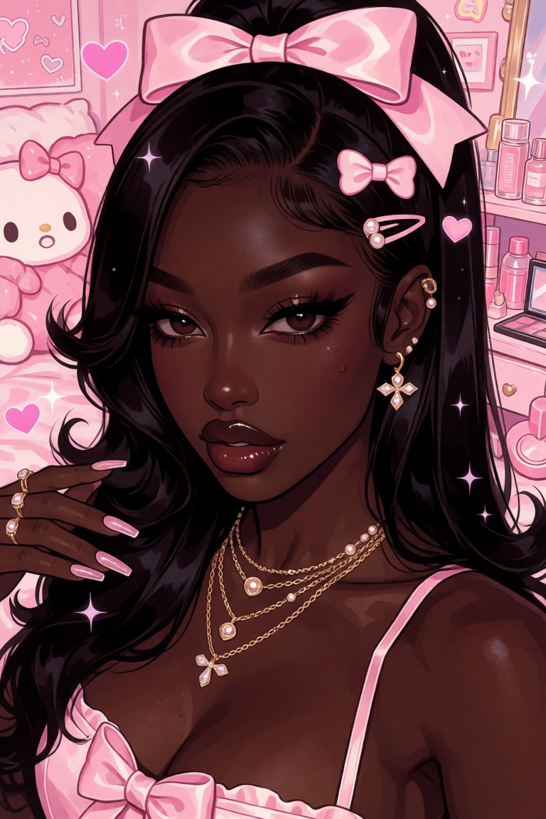 nijijelly,  a polished half-body digital illustration of a stunning ebony woman rendered in a pseudo-realistic portrait ar...