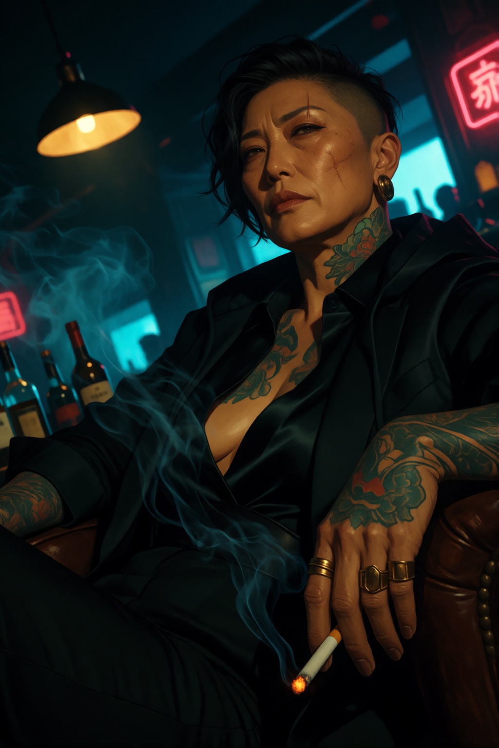 soft film grain,  high contrast,  neon-noir crime-boss mood on Tensor.Art