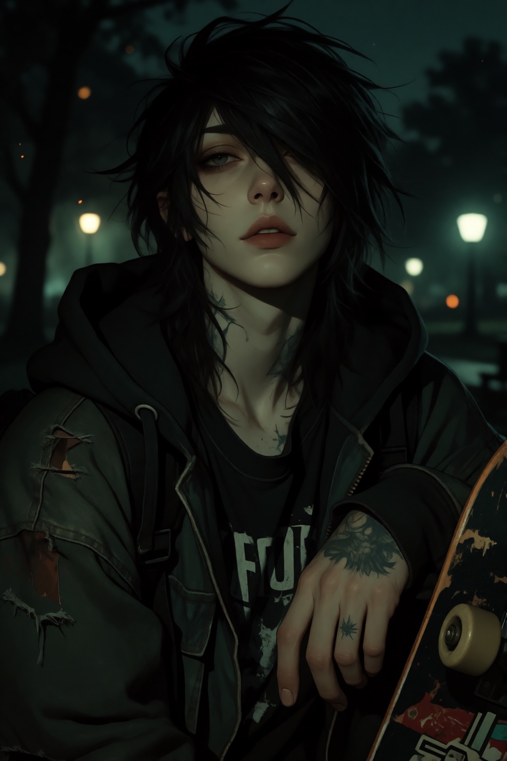 Half-body portrait of a pale,  lanky emo girl (masc-presenting,  masc lesbian) with messy black hair partially covering he...