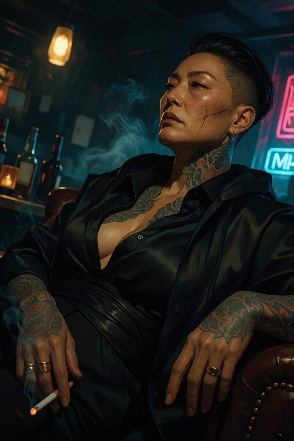 soft film grain,  high contrast,  neon-noir crime-boss mood on Tensor.Art