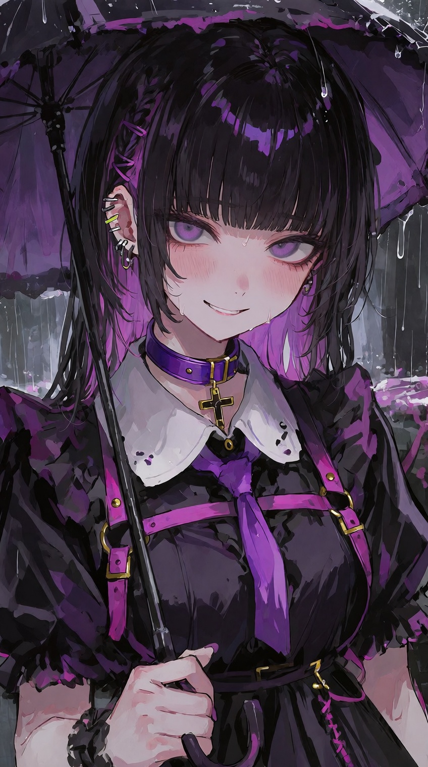 @748cm_style,  A young anime woman with long black hair,  purple highlights on Tensor.Art