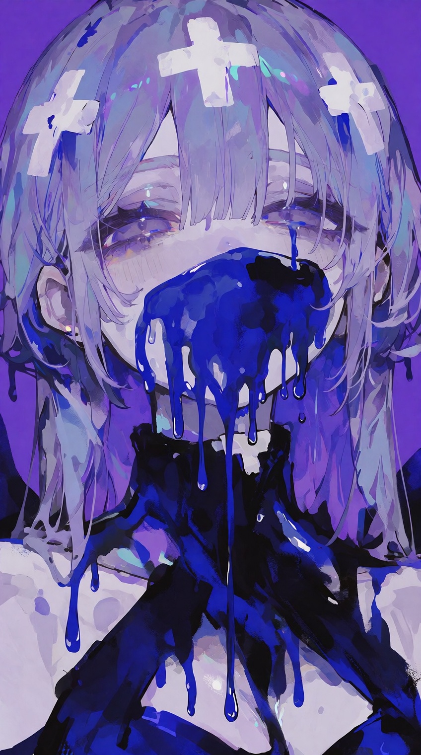 @748cm_style,  A stylized figure with pale lavender hair adorned with white cross-shaped patches gazes forward,  their fac...