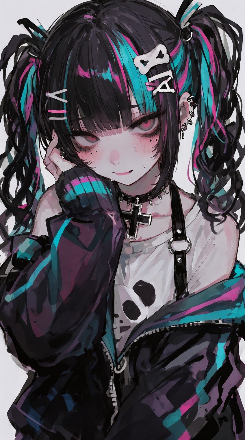 @748cm_style,  A young menhera anime girl with long black twintails featuring vibrant cyan and pink inner hair highlights....