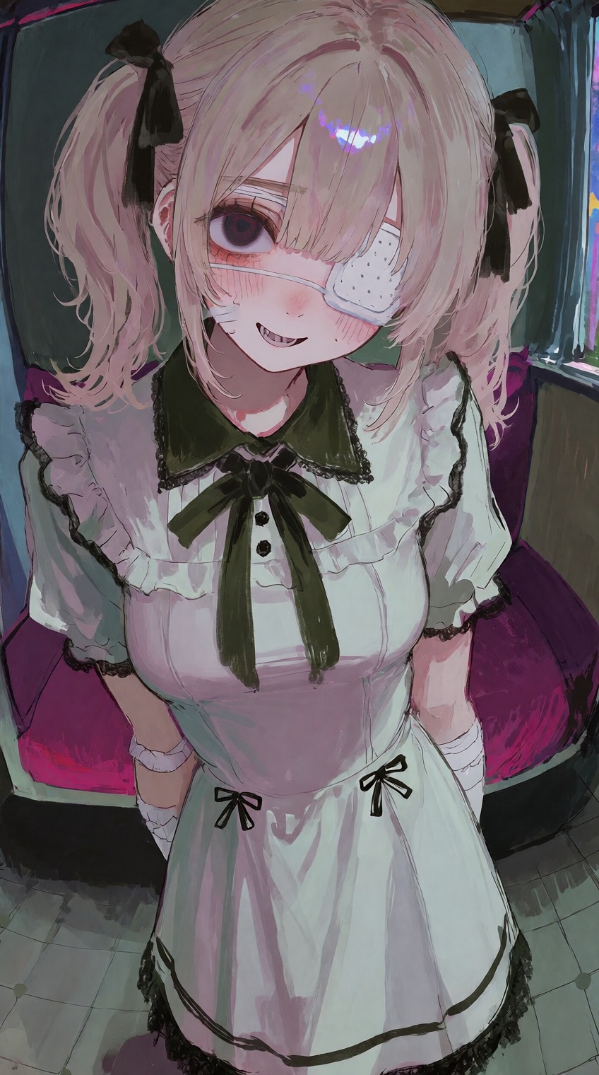 @748cm_style,  A young anime-style girl with soft pink hair in twin ponytails,  tied with black ribbons on Tensor.Art