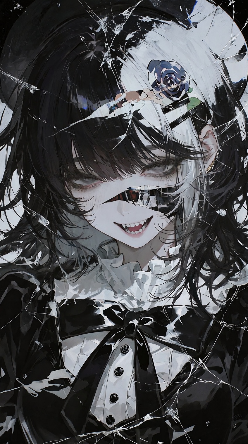 @748cm_style,  A pale-skinned anime-style girl with long,  disheveled black hair and a wide on Tensor.Art