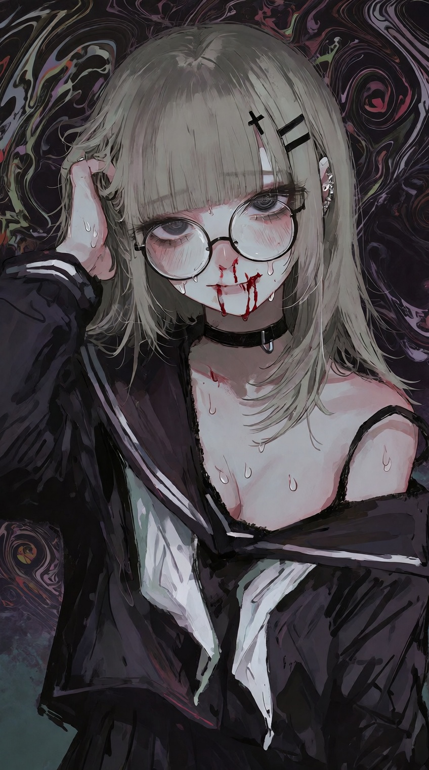 @748cm_style,  A pale-skinned anime-style girl with long,  straight ash-gray hair and bangs gazes forward on Tensor.Art