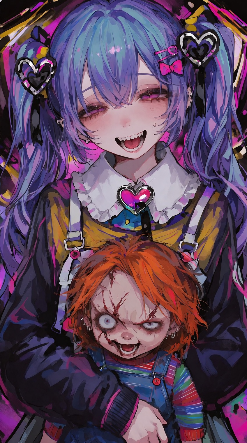 @748cm_style,  A young anime-style girl with long,  vibrant purple-blue hair in twin tails—adorned with black heart-shaped...