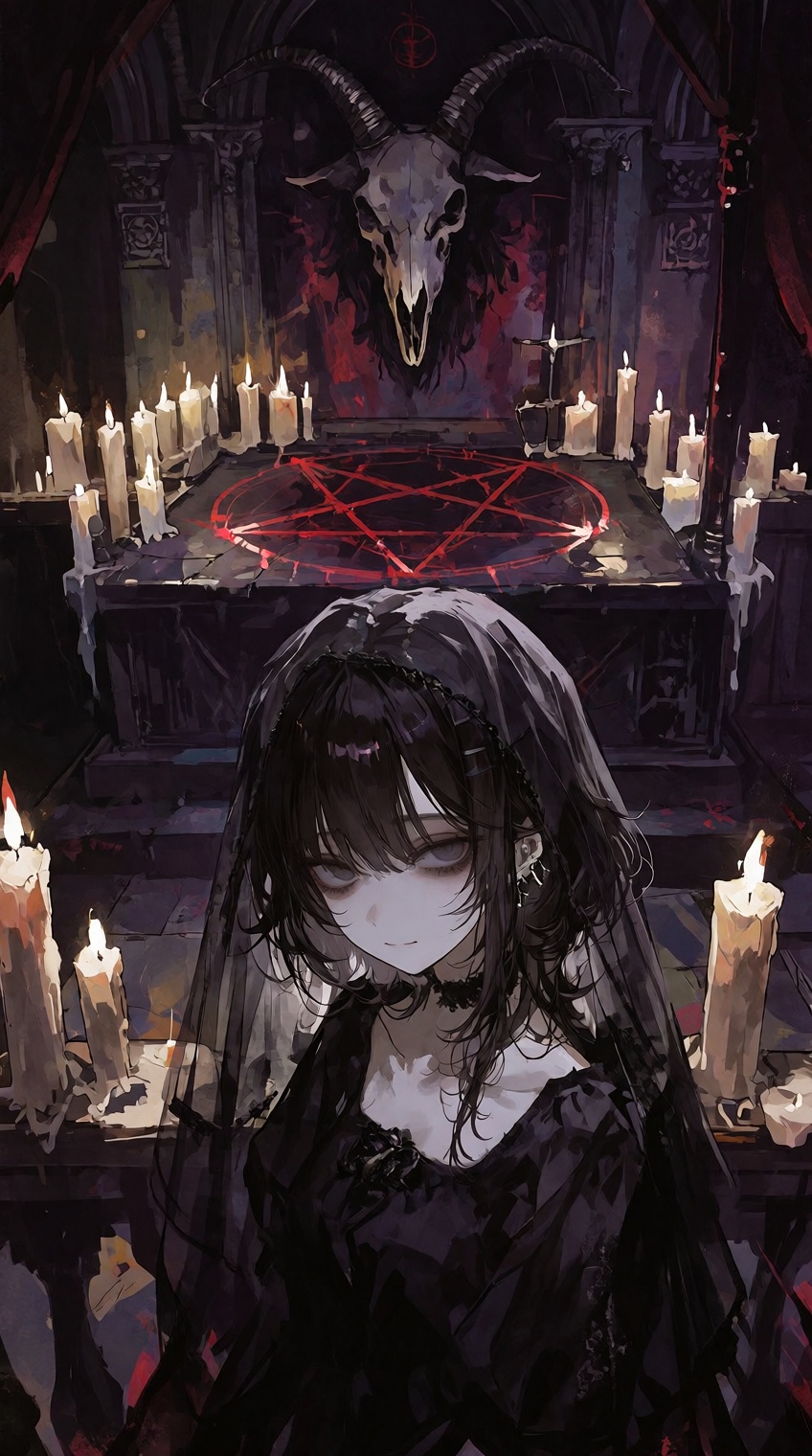 @748cm_style,  A young anime girl wearing a sheer black veil over her disheveled dark hair and bangs,  standing inside a g...