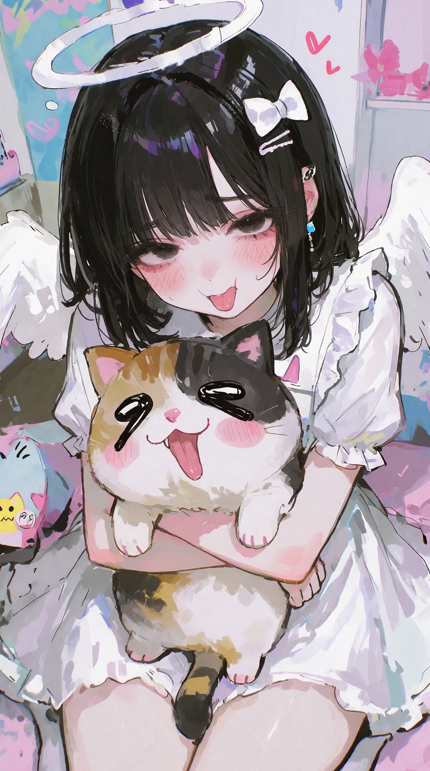 @748cm_style,  A young anime-style girl with straight black hair and bangs sits crouched,  making an adorable pouty face w...