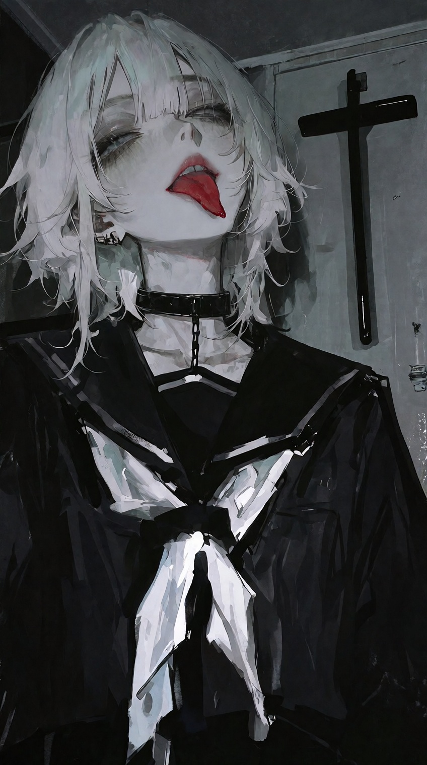 @748cm_style,  A pale-skinned figure with short,  tousled white hair tilts their head back on Tensor.Art