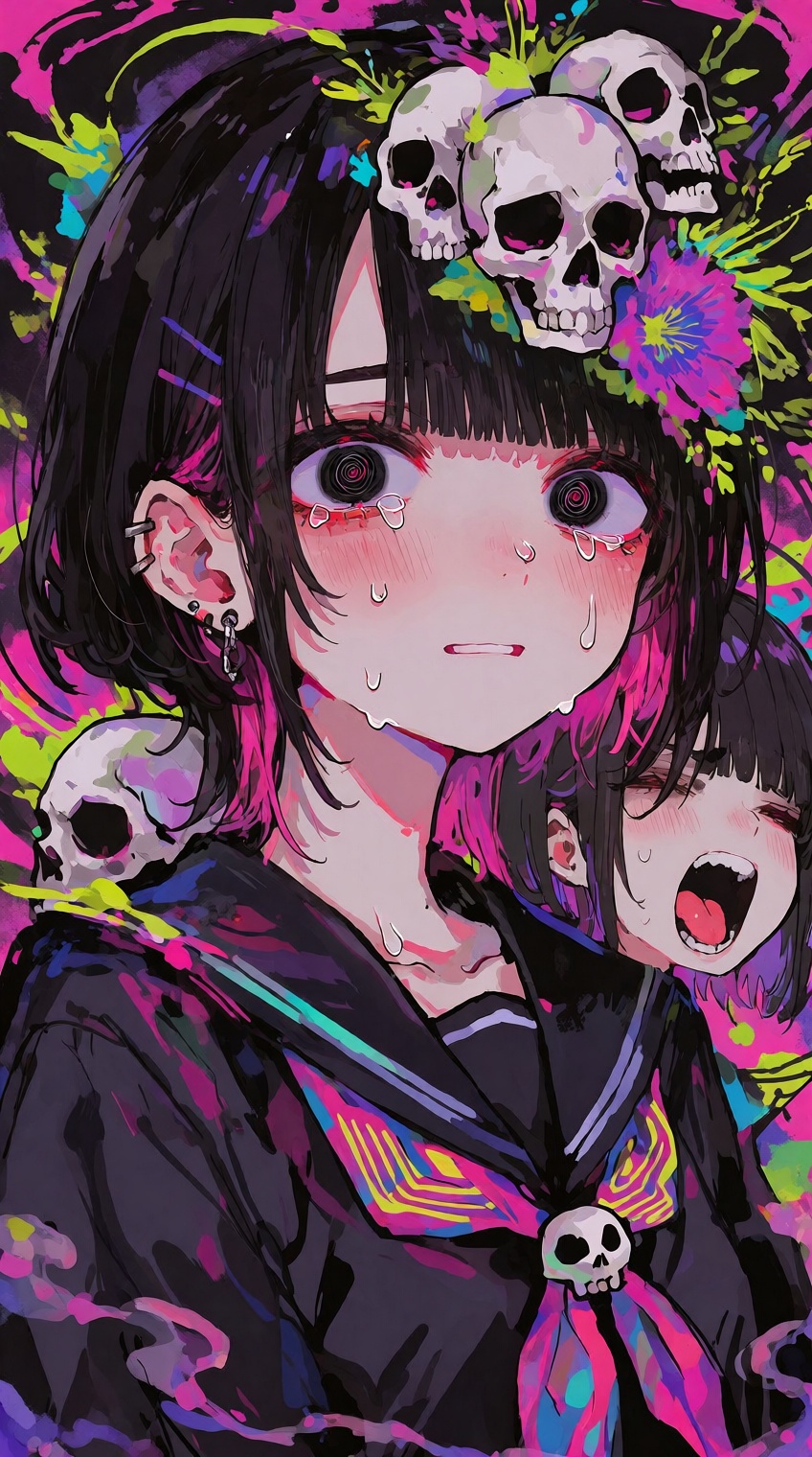 @748cm_style,  A young woman with short black hair and bangs gazes forward,  her large eyes featuring spiral irises and re...
