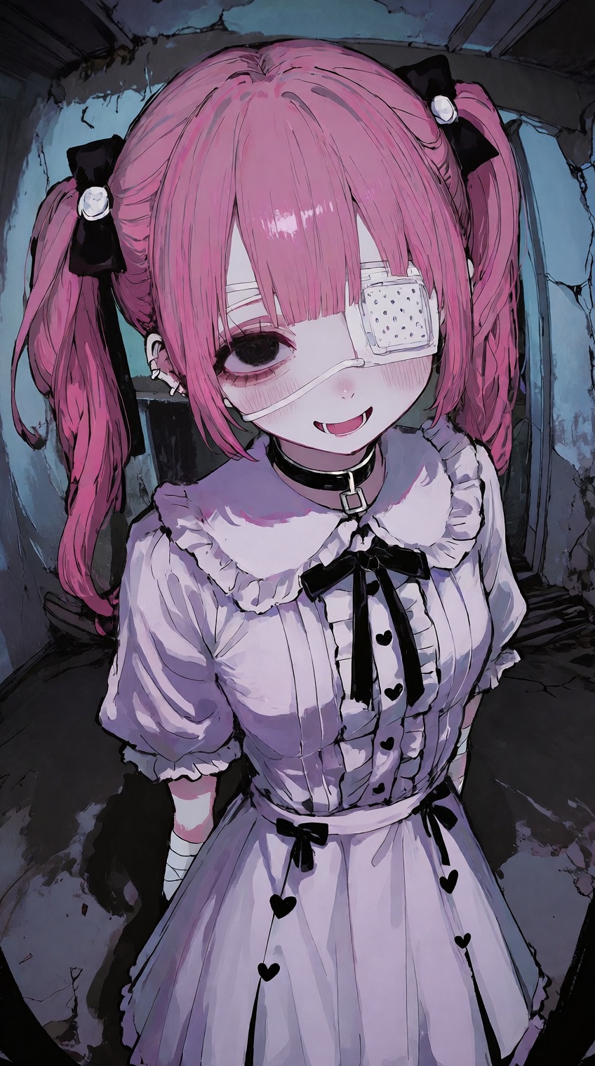 @748cm_style,  A young anime-style girl with vibrant pink hair styled in twin pigtails,  each secured by a black bow with...